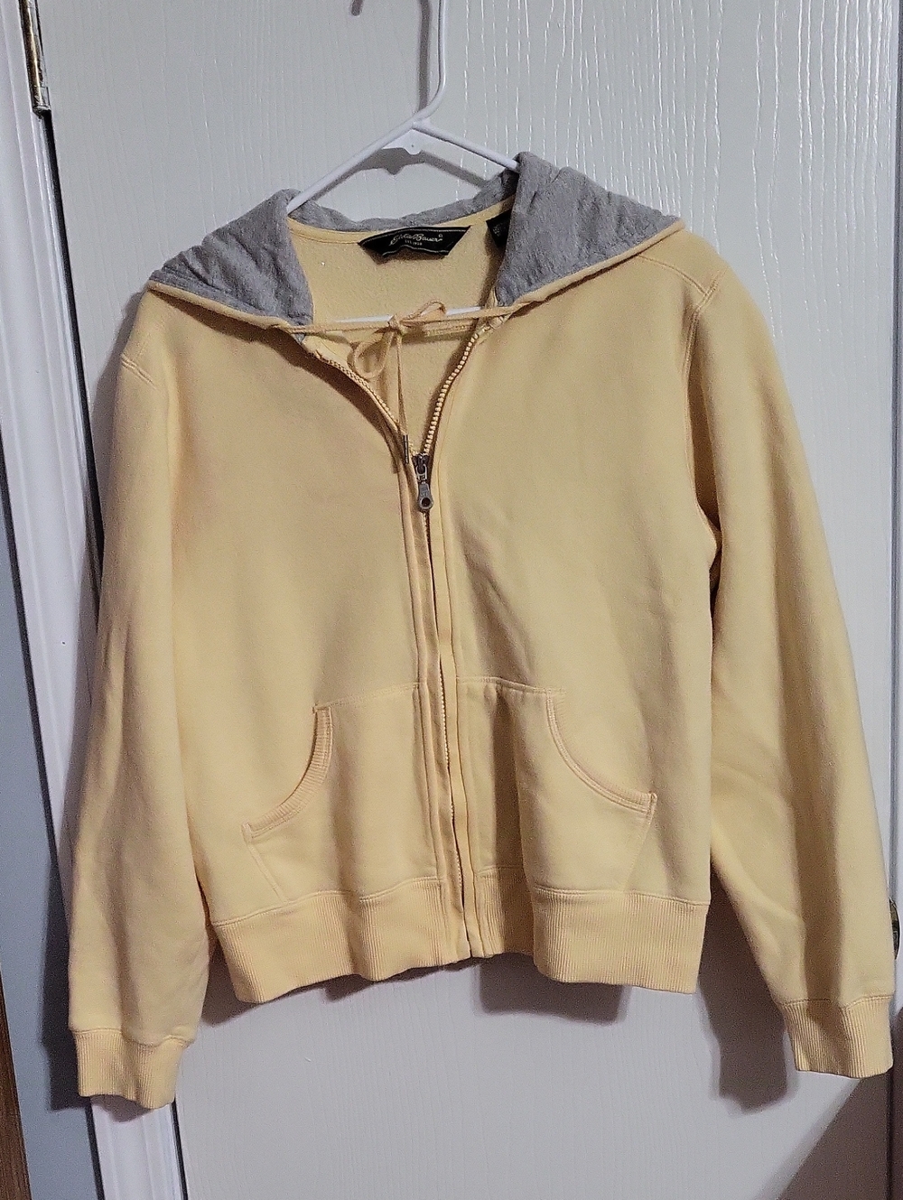 Sweatjacket-Eddie Bauer Pale Yellow Hooded Zip-Up Jacket with Gray Lining #1436